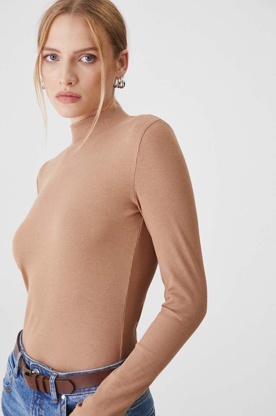 Longsleeve damski prążkowany kolor beżowy z elastanem beżowy RW24.BUD051
