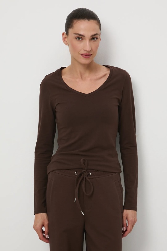 Longsleeve bawełniany damski z domieszką elastanu kolor brązowy brązowy RW24.BUD060
