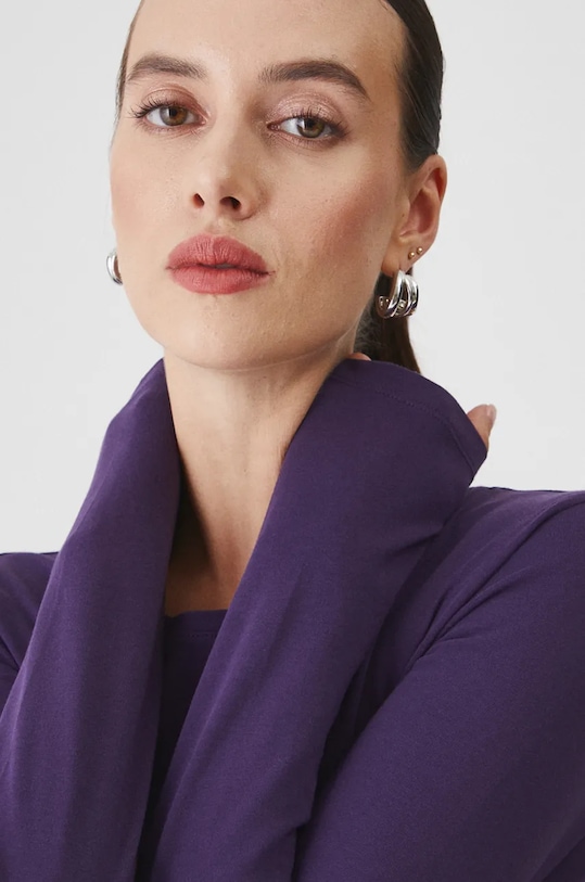 Bavlnené tričko s dlhým rukávom s prímesou elastanu, hladká fialová farba fialová RW24.BUD072