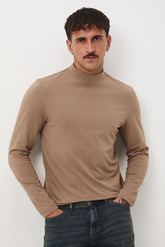 Longsleeve bawełniany męski z domieszką elastanu gładki kolor brązowy z elastanem brązowy RW24.BUM060