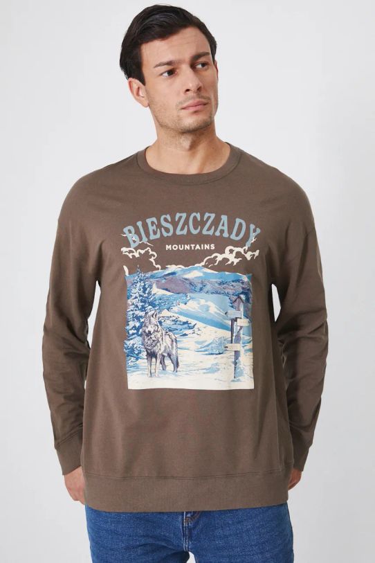 Longsleeve bawełniany z domieszką elastanu z nadrukiem kolor brązowy okrągły brązowy RW24.BUM900