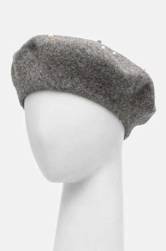 Beret wełniany damski z ozdobną aplikacją kolor szary RW24.CAD401