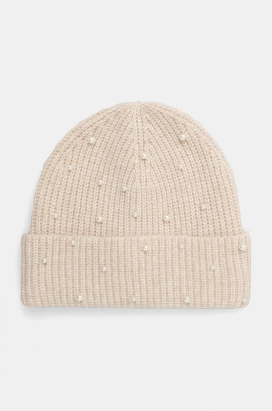 Czapka z domieszką wełny damska beanie z aplikacją kolor beżowy średniej grubości beżowy RW24.CAD600