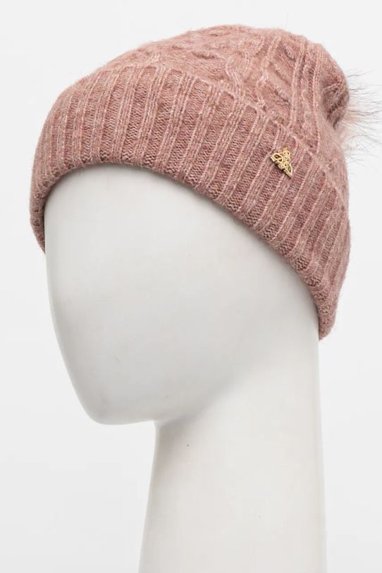 Akcesoria Czapka z domieszką wełny damska beanie z pomponem kolor różowy RW24.CAD811 różowy