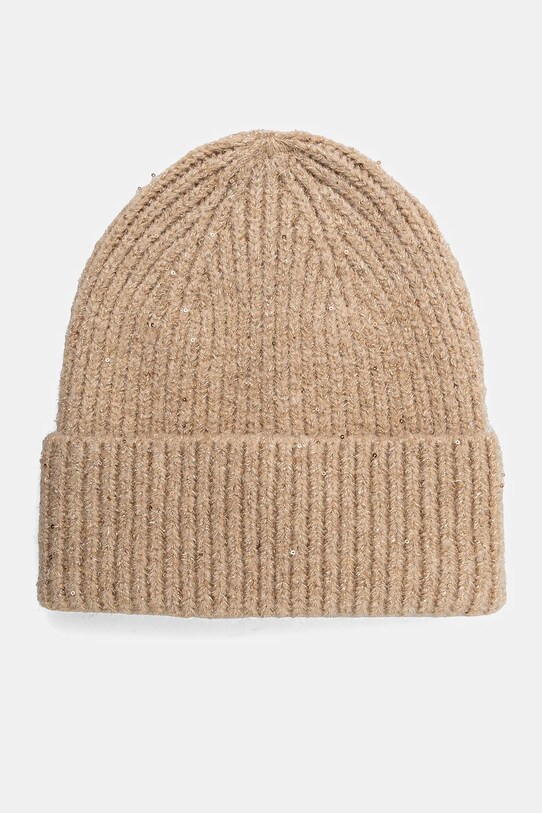 Czapka damska beanie z aplikacją kolor beżowy średniej grubości beżowy RW24.CAD904