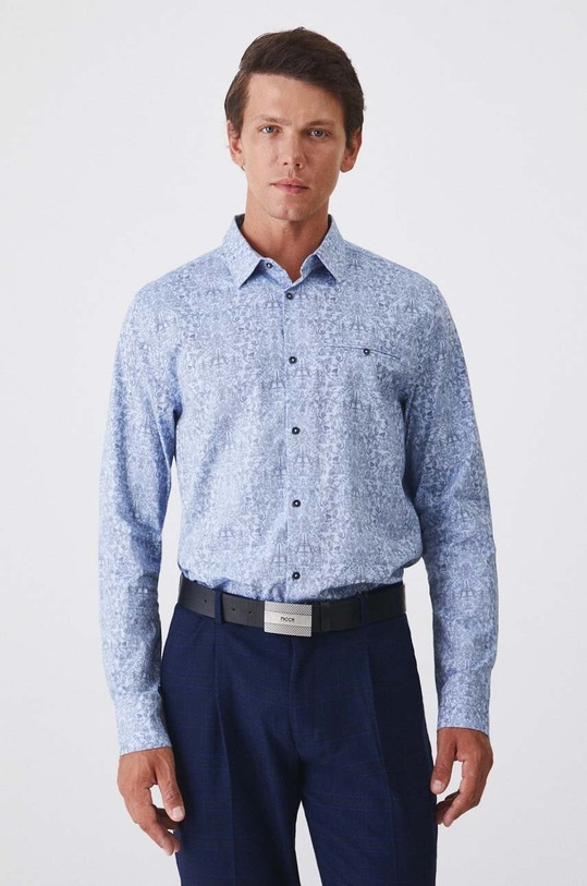 Koszula bawełniana męska z kołnierzykiem klasycznym wzorzysta kolor niebieski długi niebieski RW24-KDM061