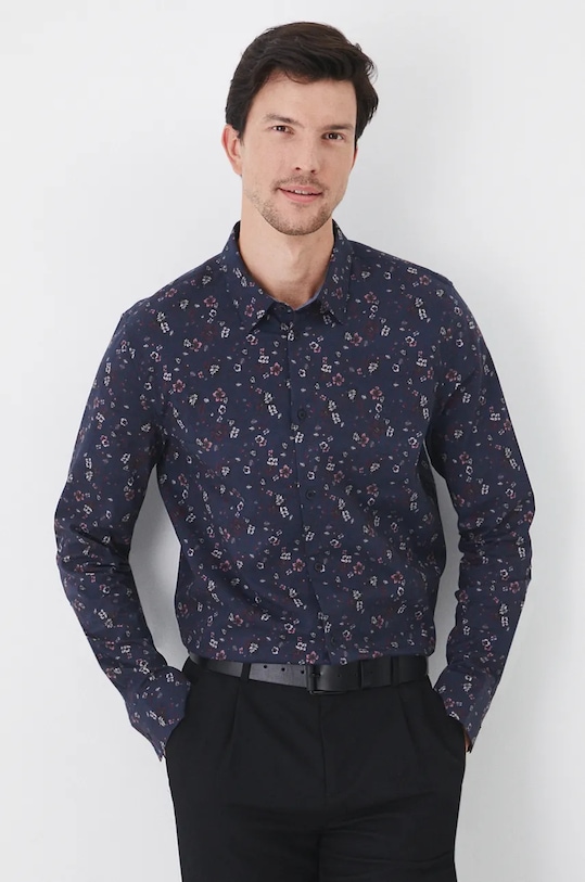 Koszula męska z kołnierzykiem klasycznym w kwiaty kolor granatowy z elastanem granatowy RW24.KDM072