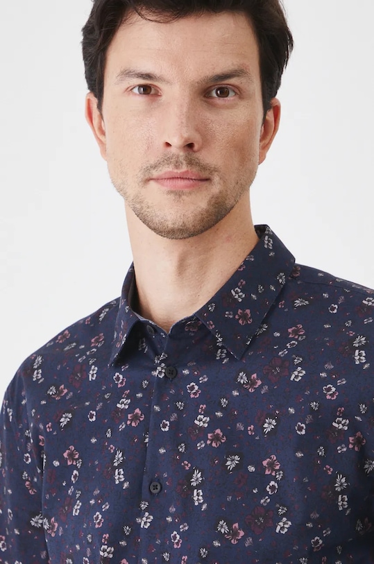 Koszula męska z kołnierzykiem klasycznym w kwiaty kolor granatowy granatowy RW24.KDM072