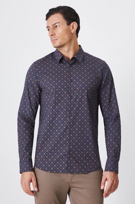 Koszula męska z kołnierzykiem klasycznym wzorzysta kolor granatowy z elastanem granatowy RW24.KDM801