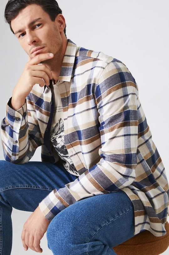 Koszula bawełniana męska z kołnierzykiem klasycznym wzorzysta kolor multicolor casual multicolor RW24.KDM901