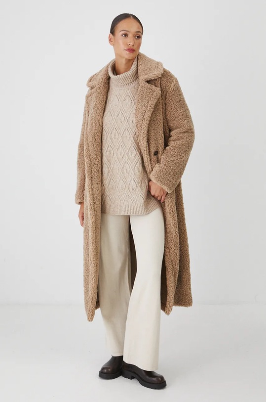 Płaszcz damski oversize z fakturą kolor beżowy bez kaptura beżowy RW24.KPD818