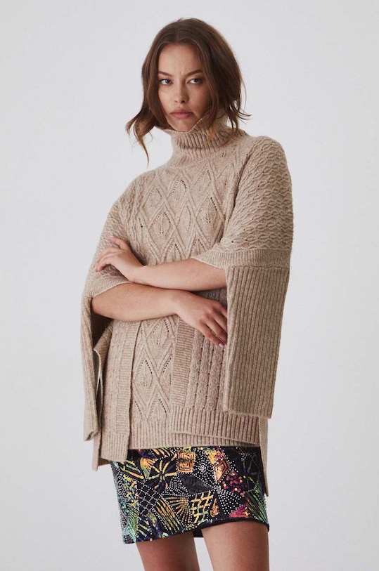 Poncho z domieszką wełny melanżowe kolor beżowy średniej grubości beżowy RW24.SAD504