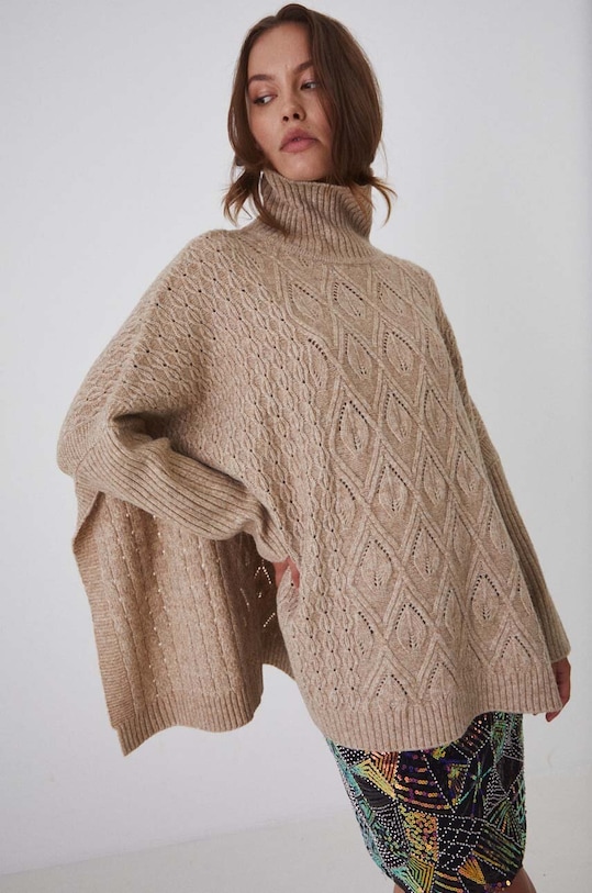 Odzież Poncho z domieszką wełny melanżowe kolor beżowy RW24.SAD504 beżowy