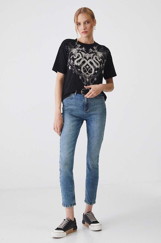 Jeansy damskie slim z efektem sprania kolor niebieski Basic niebieski RW24.SJD050