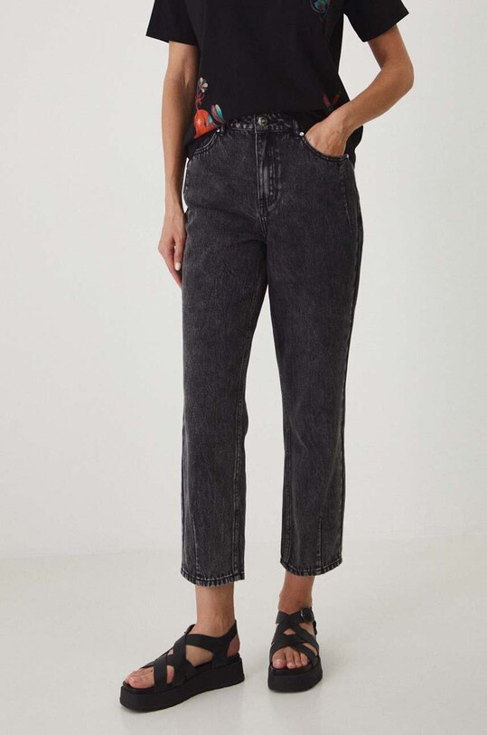 Jeansy bawełniane damskie mom fit z efektem sprania kolor czarny czarny RW24.SJD100