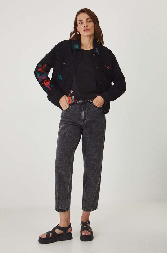 Jeansy bawełniane damskie mom fit z efektem sprania kolor czarny RW24.SJD100 czarny RW24