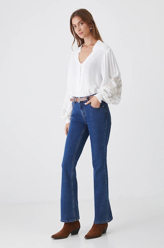 Jeansy damskie flare z efektem sprania kolor niebieski OEKO-TEX® niebieski RW24.SJD602