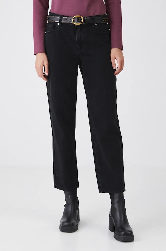 Jeansy bawełniane damskie straight z efektem sprania kolor czarny czarny RW24.SJD800