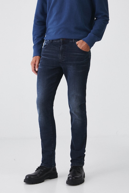 Jeansy męskie slim z efektem sprania kolor granatowy granatowy RW24.SJM604