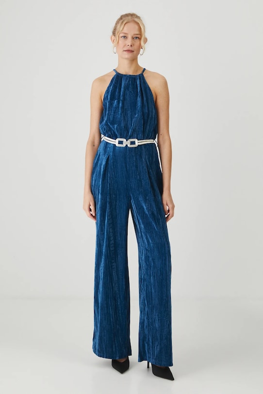 Kombinezon damski z paskiem welurowy kolor niebieski tkanina niebieski RW24.SKDB00