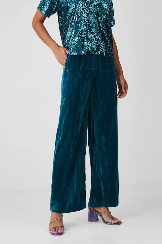 Nohavice dámske wide leg zamatové zelená farba látka tyrkysová RW24.SPDA00