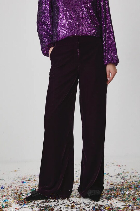 Spodnie damskie wide leg welurowe kolor fioletowy fioletowy RW24.SPDA02