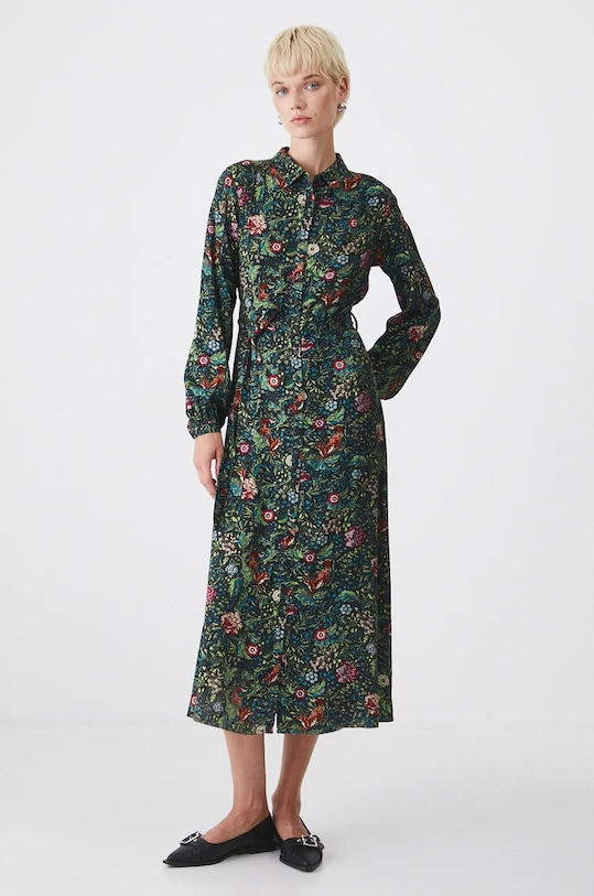 Šaty dámske midi so vzorovaným opaskom čierna farba RW24.SUD070 viacfarebná RW24