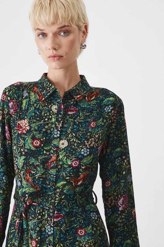 Šaty dámske midi so vzorovaným opaskom čierna farba viacfarebná RW24.SUD070