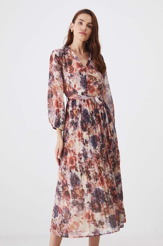 Šaty midi, s páskem a vzorem béžová barva béžová RW24.SUD400