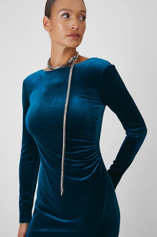 Šaty midi, z veluru zelená barva tyrkysová RW24-SUDA15