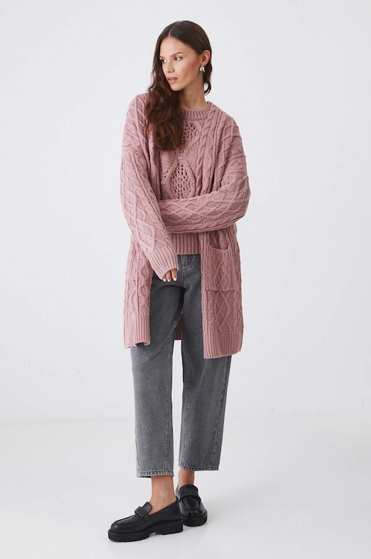 Kardigan damski z warkoczowym splotem kolor różowy RW24.SWD055 różowy RW24