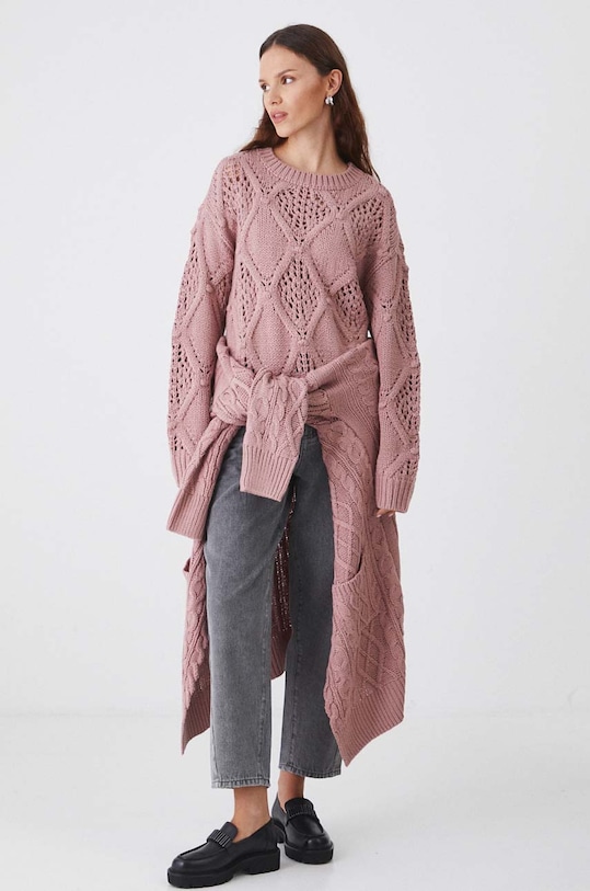 Kardigan damski z warkoczowym splotem kolor różowy różowy RW24.SWD055