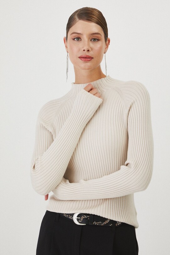 Sweter damski prążkowany kolor beżowy beżowy RW24.SWD065