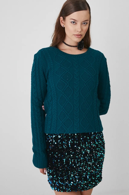 Sweter damski z warkoczowym splotem kolor zielony turkusowy RW24.SWD0A1