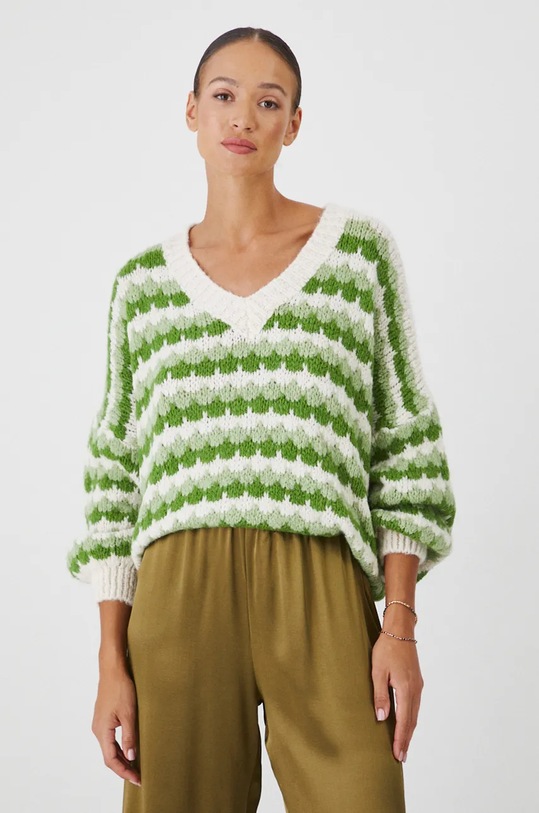 Sweter z domieszką wełny damski wzorzysty kolor zielony gruba zielony RW24.SWD770