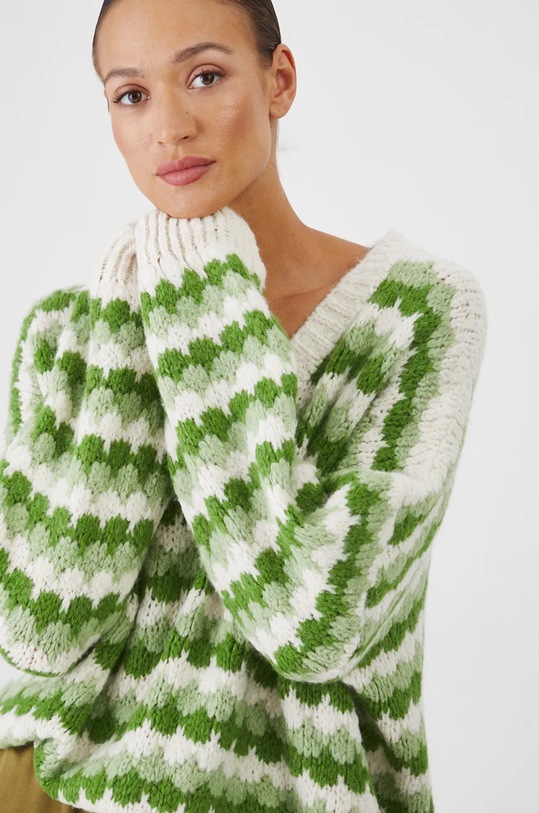 Sweter z domieszką wełny damski wzorzysty kolor zielony zielony RW24.SWD770