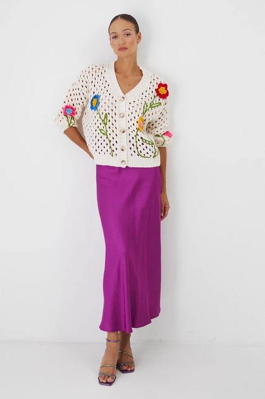 Kardigan damski ażurowy z ozdobnymi haftami kolor beżowy RW24.SWD771 beżowy RW24