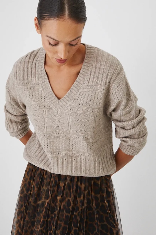 Sweter z domieszką wełny damski ażurowy kolor beżowy gruba beżowy RW24.SWD806
