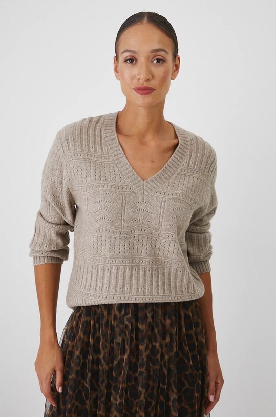 Sweter z domieszką wełny damski ażurowy kolor beżowy beżowy RW24.SWD806