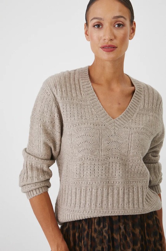 Sweter z domieszką wełny damski ażurowy kolor beżowy RW24.SWD806 beżowy