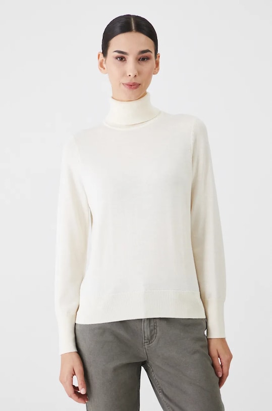 Sweter z wełny merino damski gładki kolor beżowy cienka beżowy RW24.SWD809