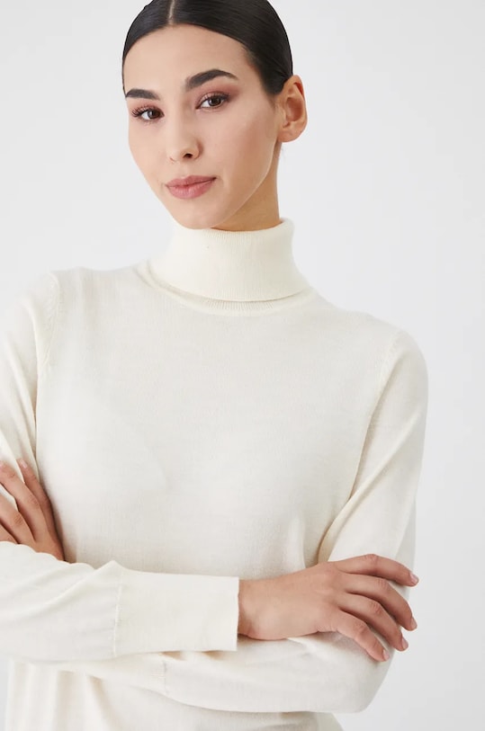 Sweter z wełny merino damski gładki kolor beżowy beżowy RW24.SWD809
