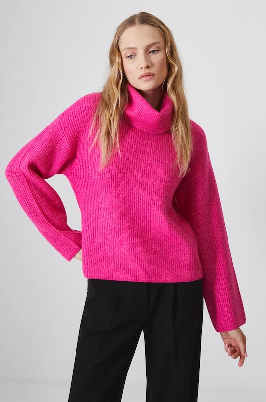 Svetr z vlněné směsi dámský s pruhy růžová barva hrubá růžová RW24.SWD906