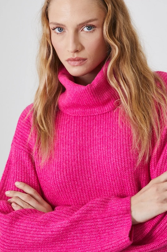 Svetr z vlněné směsi dámský s pruhy růžová barva růžová RW24.SWD906
