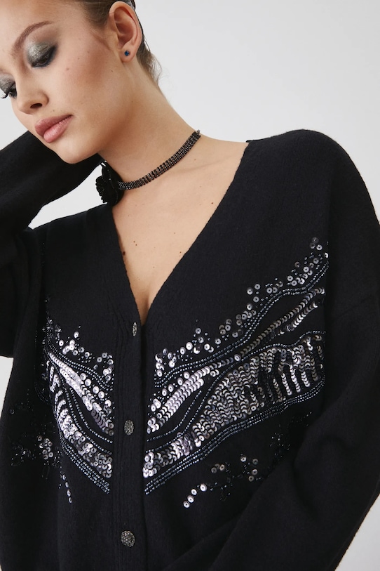Kardigan z domieszką wełny damski z ozdobną aplikacją kolor czarny aplikacja czarny RW24.SWDA11
