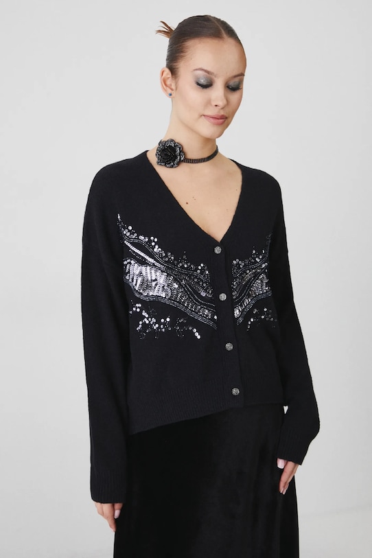 Kardigan z domieszką wełny damski z ozdobną aplikacją kolor czarny czarny RW24.SWDA11