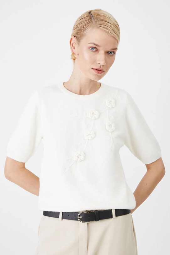 Sweter damski z ozdobną aplikacją kolor beżowy beżowy RW24.SWDA70