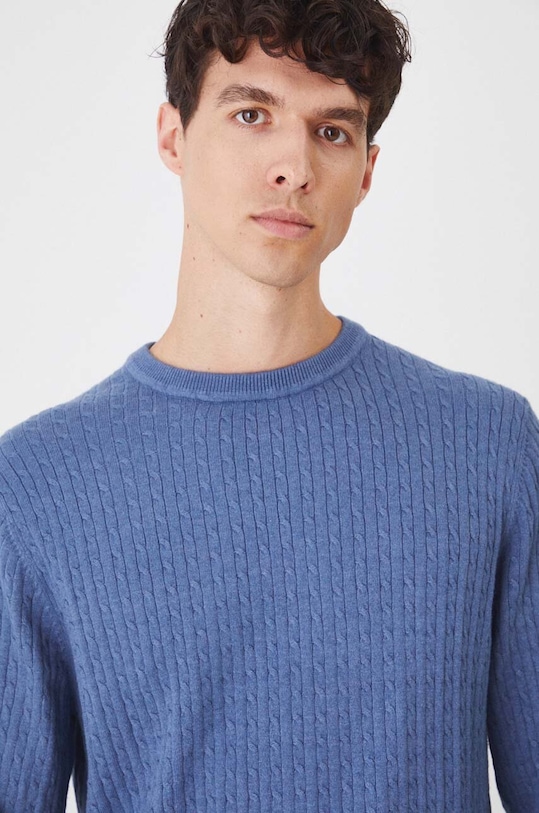 Sweter z domieszką wełny męski z warkoczowym splotem kolor niebieski niebieski RW24.SWM040