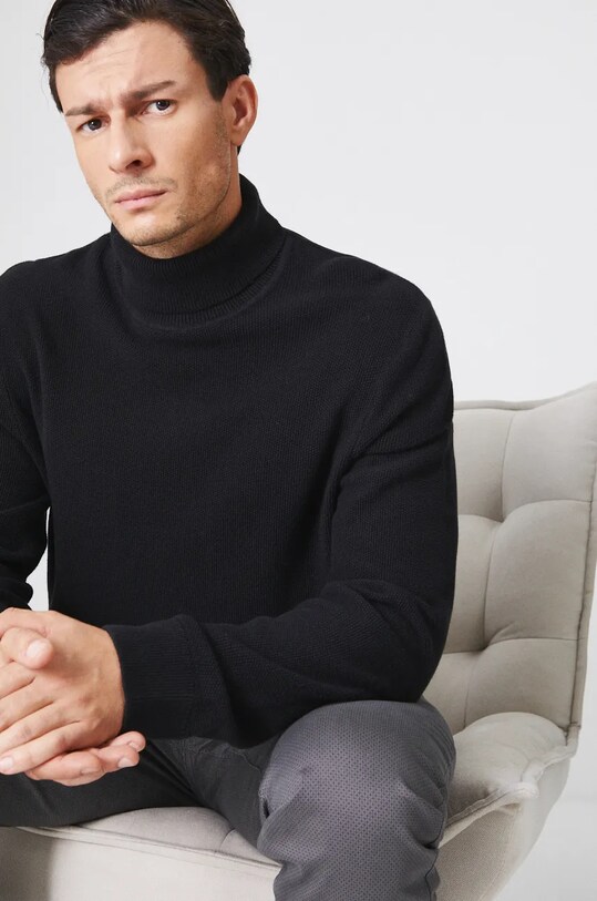 Sweter bawełniany męski z golfem kolor czarny gładkie czarny RW24.SWM091