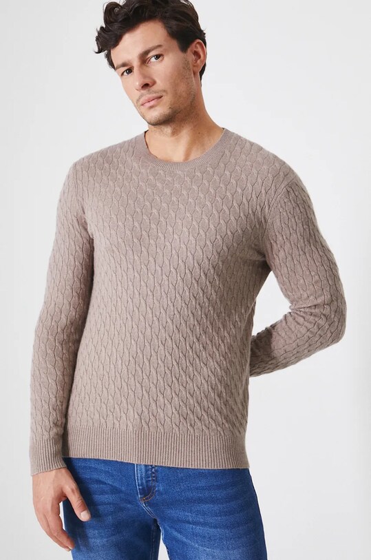 Sweter męski z domieszką wełny merino i kaszmiru kolor beżowy melanż beżowy RW24.SWM900